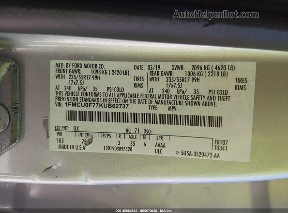 1FMCU0F77KUB62737 2019 FORD ESCAPE Silver Engine compartment view