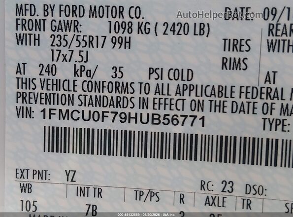 1FMCU0F79HUB56771 2017 FORD ESCAPE White 