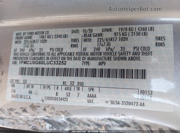 1FMCU0G60LUC33252 2020 FORD ESCAPE Silver Շարժիչի բաժամունքի տեսք