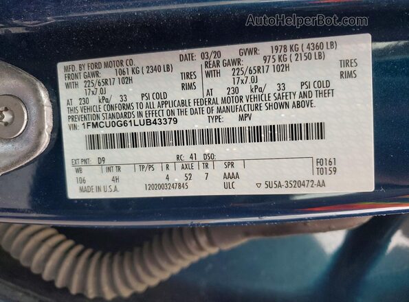 1FMCU0G61LUB43379 2020 FORD ESCAPE Синий Вид наклейки с VIN-кодом