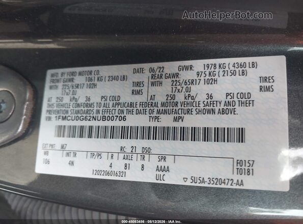 1FMCU0G62NUB00706 2022 FORD ESCAPE Gray Vista del compartimento del motor