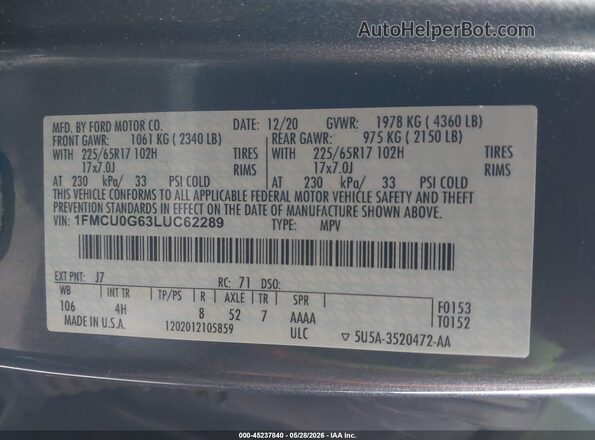 1FMCU0G63LUC62289 2020 FORD ESCAPE Gray Vista del compartimento del motor