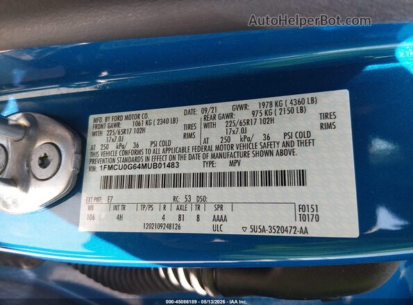 1FMCU0G64MUB01483 2021 FORD ESCAPE Blue Вид підкапотного простору