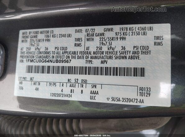 1FMCU0G64NUB09567 2022 FORD ESCAPE Gray Vista del compartimento del motor