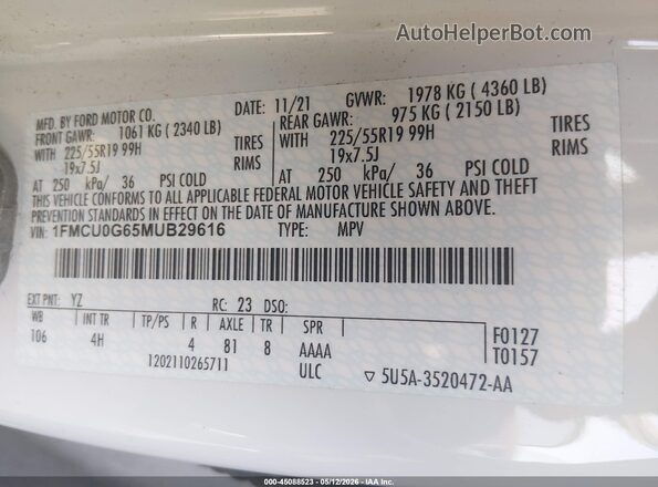 1FMCU0G65MUB29616 2021 FORD ESCAPE White Widok komory silnika
