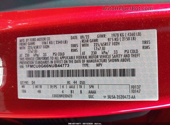 1FMCU0G66NUB44773 2022 FORD ESCAPE Red Vista del compartimento del motor