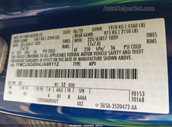 1FMCU0G69NUA90112 2022 FORD ESCAPE Синий Вид подкапотного пространства