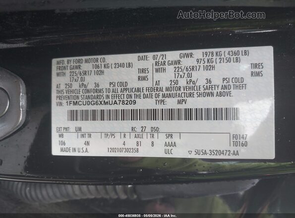 1FMCU0G6XMUA78209 2021 FORD ESCAPE Black Vista del compartimento del motor