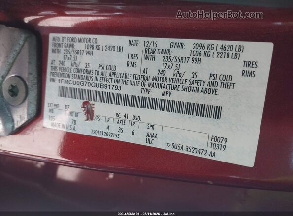 1FMCU0G70GUB91793 2016 FORD ESCAPE Red 