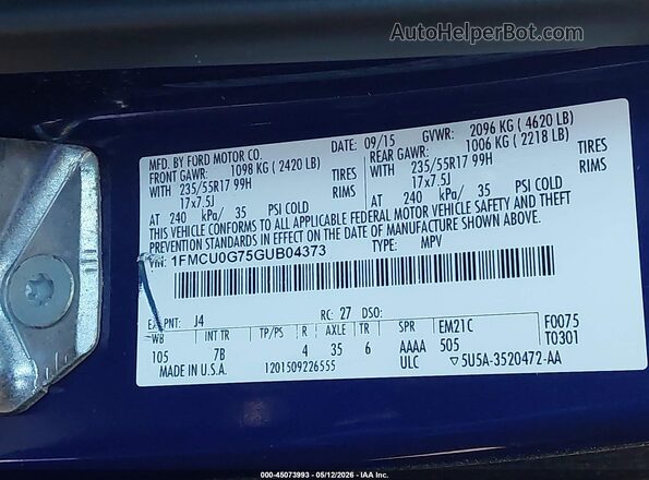 1FMCU0G75GUB04373 2016 FORD ESCAPE Blue Widok komory silnika