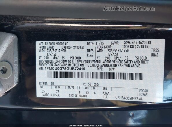 1FMCU0G75GUB72415 2016 FORD ESCAPE Black Vista del compartimento del motor