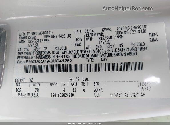 1FMCU0G79GUC41252 2016 FORD ESCAPE White Շարժիչի բաժամունքի տեսք