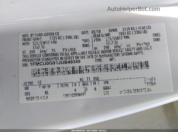 1FMCU0G91JUB49349 2018 FORD ESCAPE White Vista del compartimento del motor