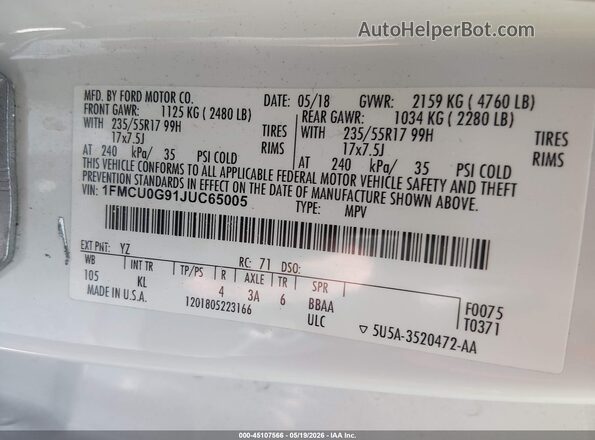 1FMCU0G91JUC65005 2018 FORD ESCAPE White Engine compartment view