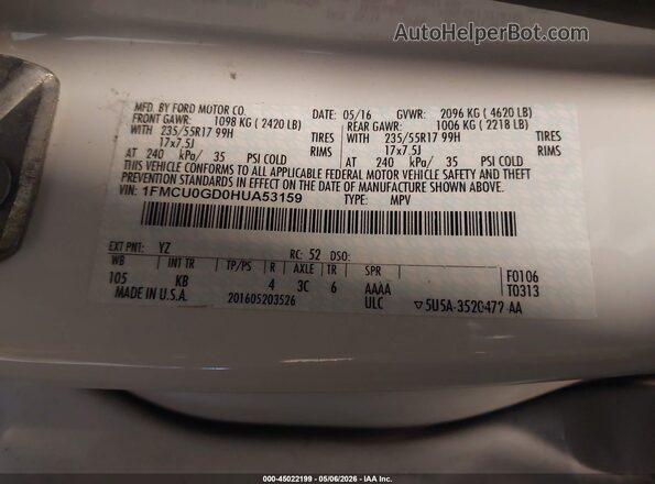 1FMCU0GD0HUA53159 2017 FORD ESCAPE White Շարժիչի բաժամունքի տեսք