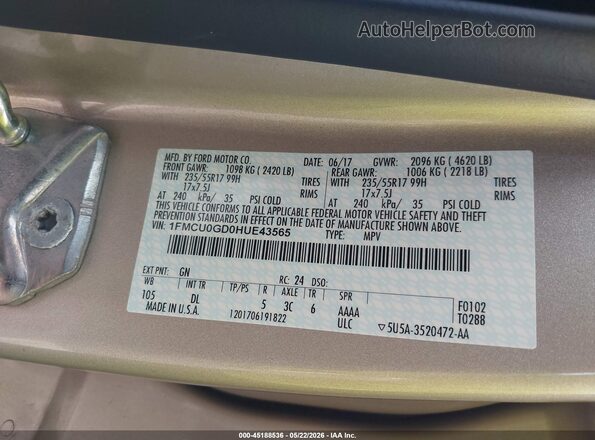 1FMCU0GD0HUE43565 2017 FORD ESCAPE Gold ძრავის განყოფილების ხედი