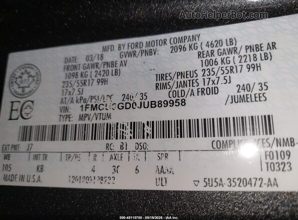 1FMCU0GD0JUB89958 2018 FORD ESCAPE Black Engine compartment view