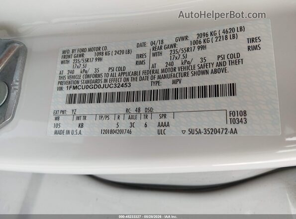 1FMCU0GD0JUC32453 2018 FORD ESCAPE White Engine compartment view