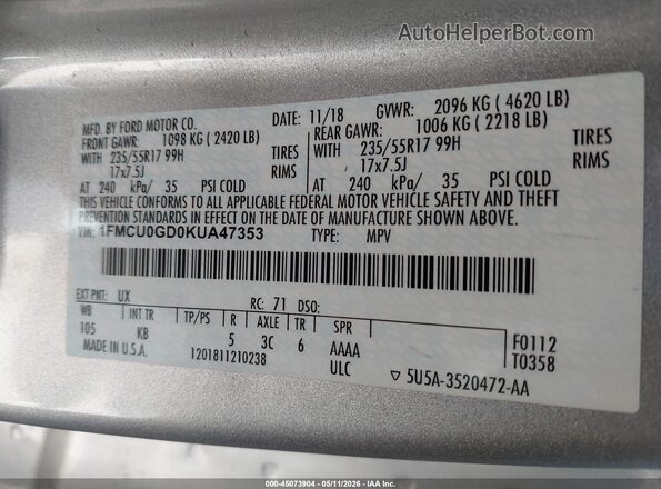 1FMCU0GD0KUA47353 2019 FORD ESCAPE Silver Вид підкапотного простору