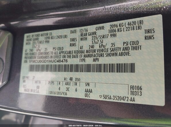 1FMCU0GD1HUC48476 2017 FORD ESCAPE Серый 