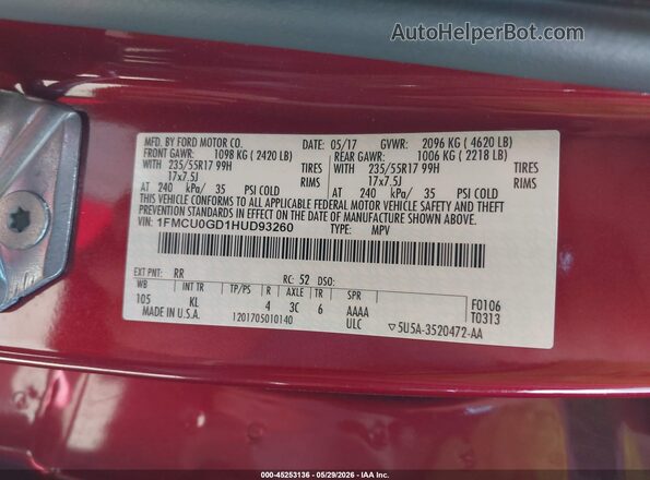1FMCU0GD1HUD93260 2017 FORD ESCAPE Red Engine compartment view