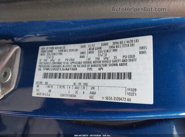 1FMCU0GD1JUA81509 2018 FORD ESCAPE Blue Vista del compartimento del motor