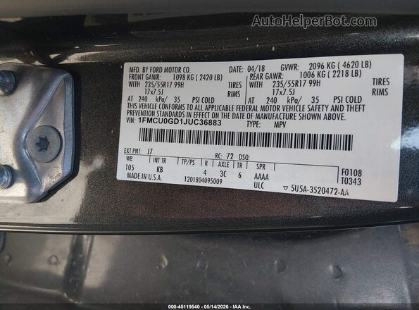 1FMCU0GD1JUC36883 2018 FORD ESCAPE Gray 