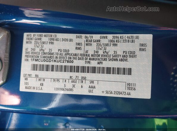 1FMCU0GD1KUC27800 2019 FORD ESCAPE  