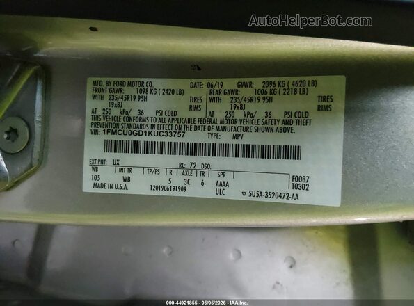 1FMCU0GD1KUC33757 2019 FORD ESCAPE Silver 