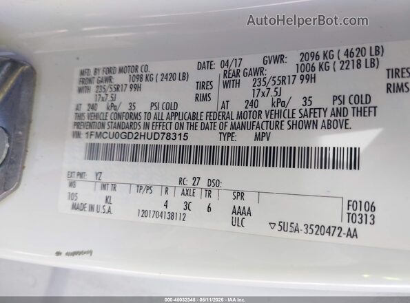 1FMCU0GD2HUD78315 2017 FORD ESCAPE White ძრავის განყოფილების ხედი