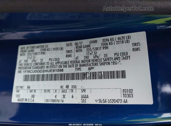 1FMCU0GD2HUE91598 2017 FORD ESCAPE Blue Vista del compartimento del motor