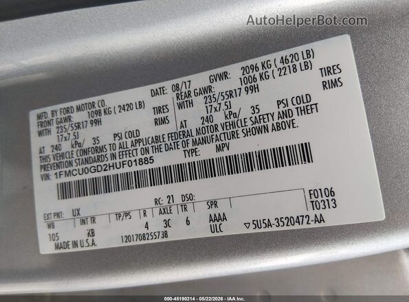 1FMCU0GD2HUF01885 2017 FORD ESCAPE Silver Շարժիչի բաժամունքի տեսք