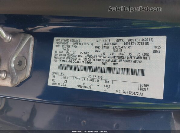 1FMCU0GD2JUC18800 2018 FORD ESCAPE Blue Շարժիչի բաժամունքի տեսք