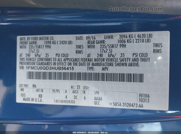1FMCU0GD3HUB56415 2017 FORD ESCAPE Синий Вид подкапотного пространства
