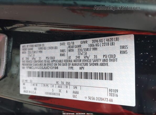 1FMCU0GD3JUC13198 2018 FORD ESCAPE Black Вид підкапотного простору