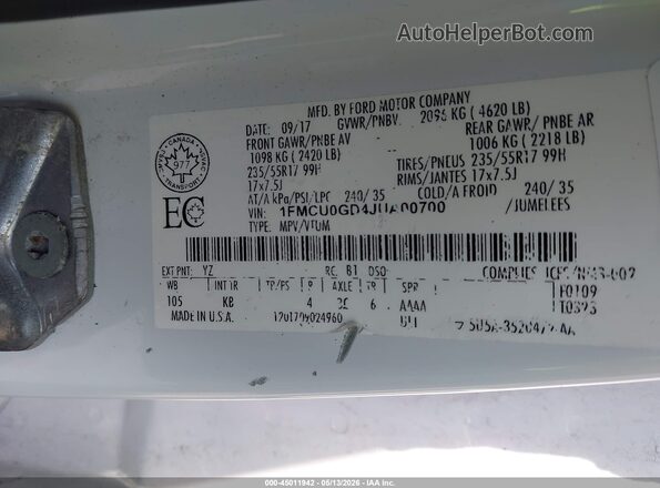 1FMCU0GD4JUA00700 2018 FORD ESCAPE White Widok komory silnika