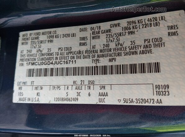 1FMCU0GD4JUC16711 2018 FORD ESCAPE Blue 