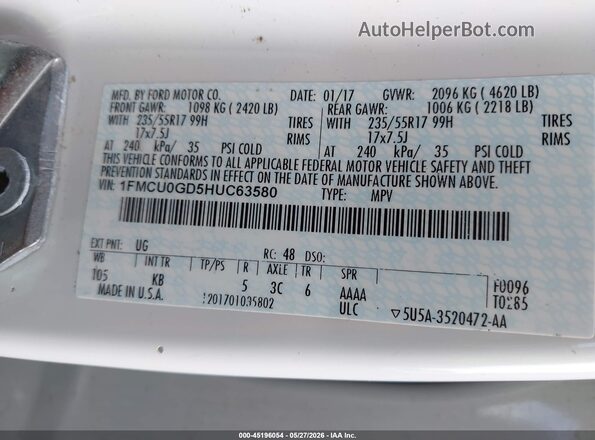 1FMCU0GD5HUC63580 2017 FORD ESCAPE White Vista del compartimento del motor