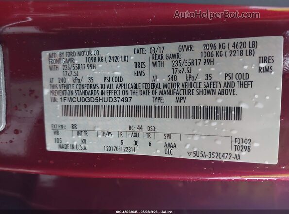 1FMCU0GD5HUD37497 2017 FORD ESCAPE Red Շարժիչի բաժամունքի տեսք