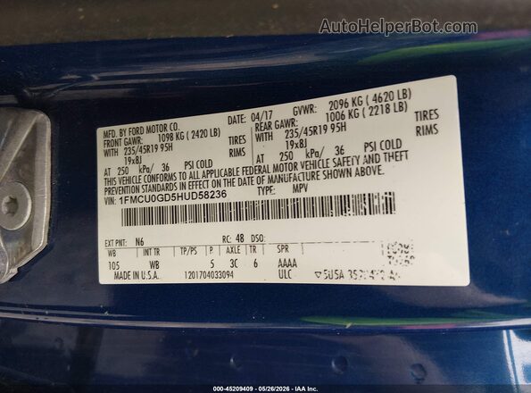 1FMCU0GD5HUD58236 2017 FORD ESCAPE Синий Вид подкапотного пространства