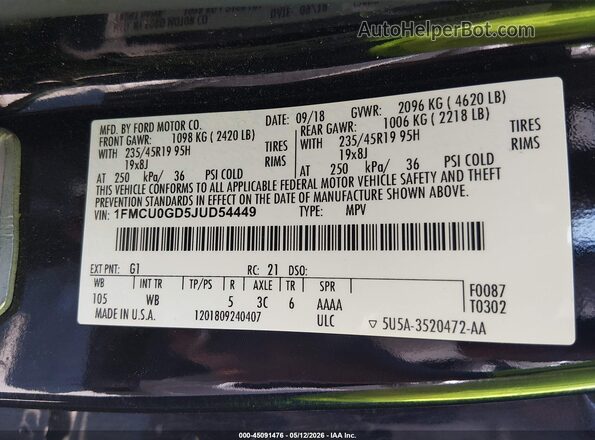 1FMCU0GD5JUD54449 2018 FORD ESCAPE Black Vista del compartimento del motor