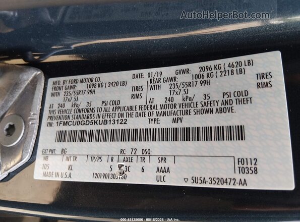 1FMCU0GD5KUB13122 2019 FORD ESCAPE Blue ძრავის განყოფილების ხედი