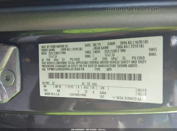 1FMCU0GD5KUC52618 2019 FORD ESCAPE Gray Vista de la etiqueta del VIN