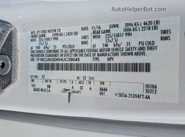 1FMCU0GD6HUC39045 2017 FORD ESCAPE White 