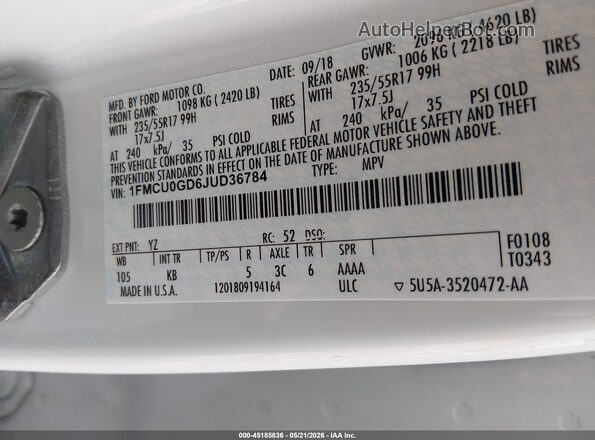 1FMCU0GD6JUD36784 2018 FORD ESCAPE White Engine compartment view