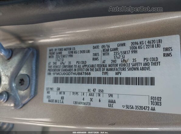 1FMCU0GD7HUB87568 2017 FORD ESCAPE Beige ძრავის განყოფილების ხედი