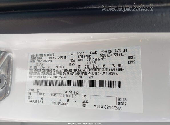 1FMCU0GD7HUE75798 2017 FORD ESCAPE White ძრავის განყოფილების ხედი