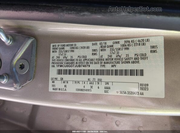 1FMCU0GD7JUB74079 2018 FORD ESCAPE Beige Вид підкапотного простору
