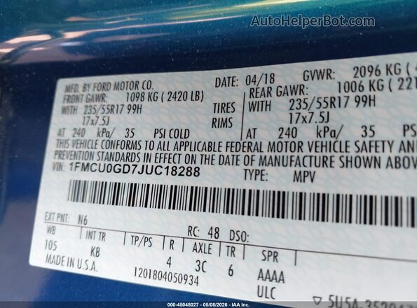 1FMCU0GD7JUC18288 2018 FORD ESCAPE Blue 