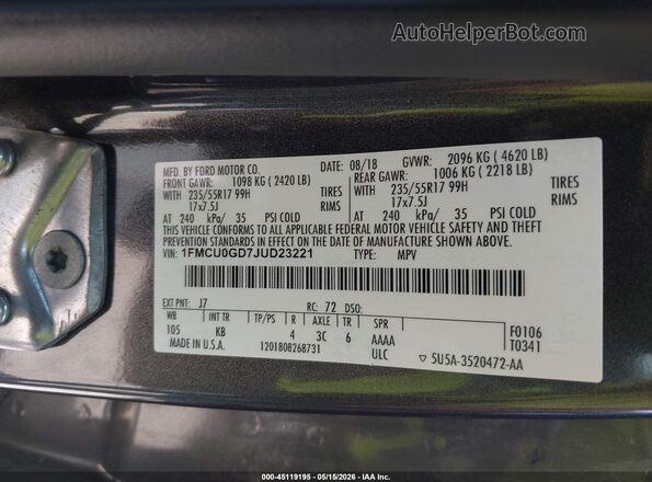 1FMCU0GD7JUD23221 2018 FORD ESCAPE Gray Engine compartment view
